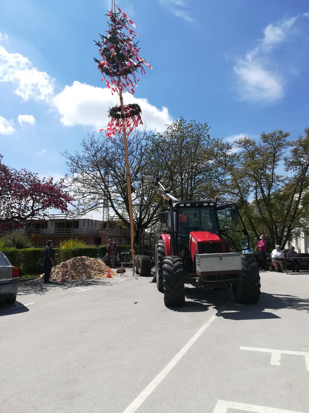 Der Maibaum wird aufgestellt.