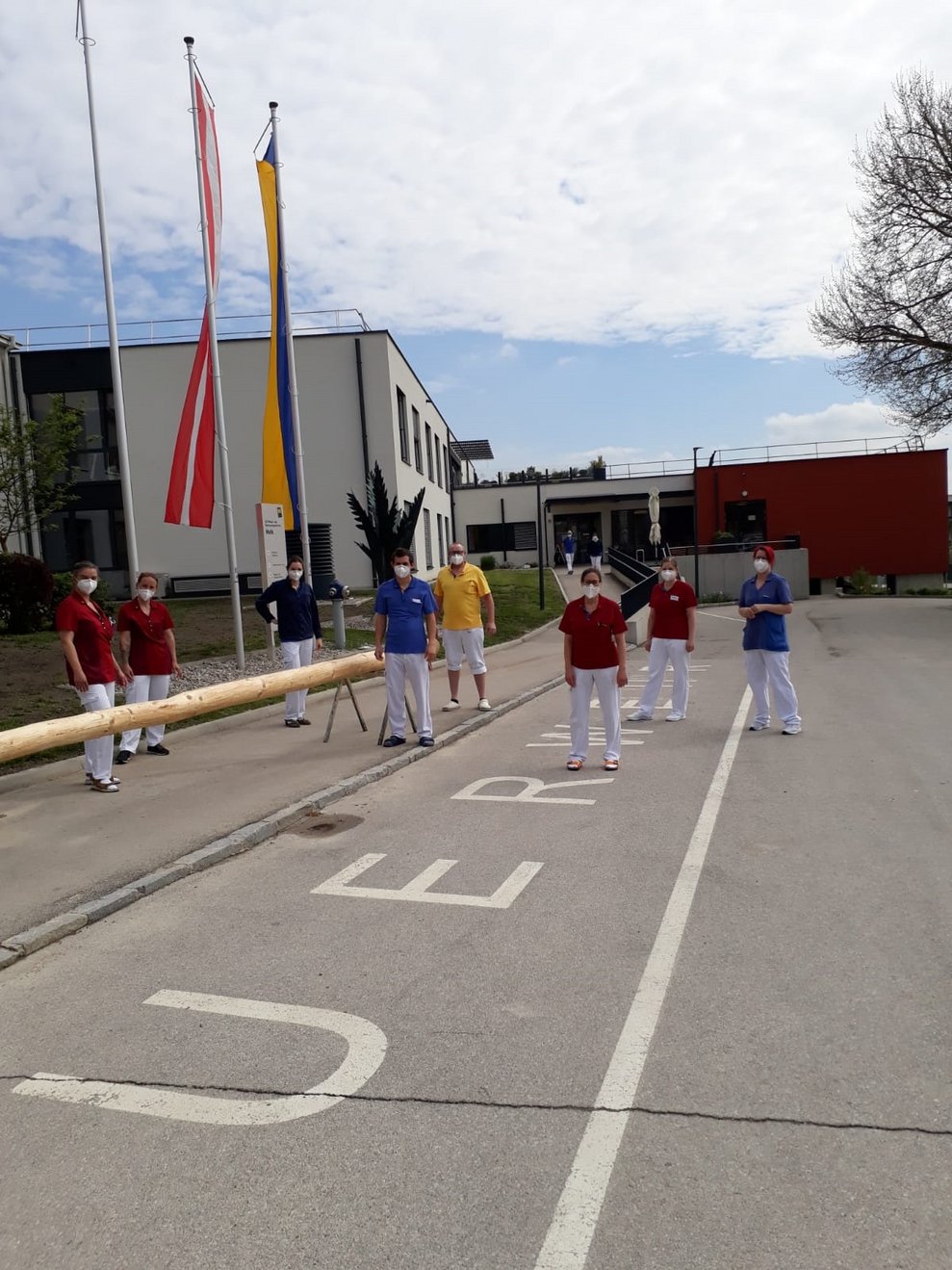 Personen halten den Maibaum.