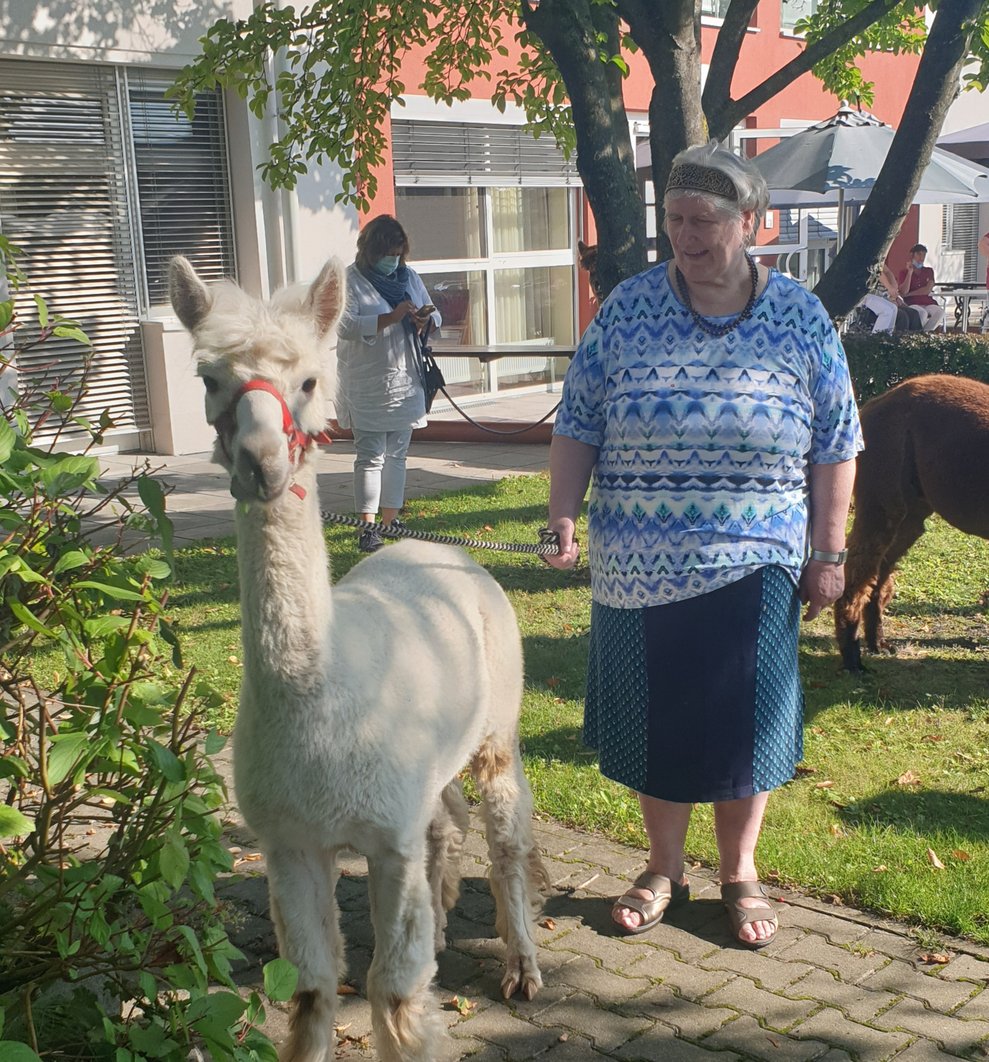 Eine Bewohnerin mit einem Alpaka.